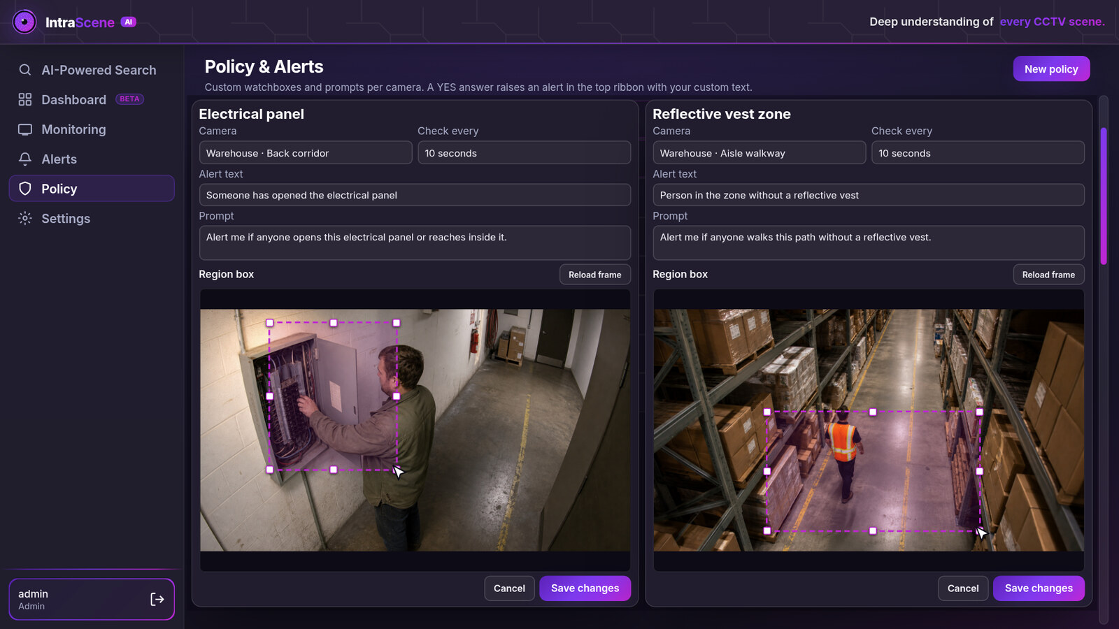 IntraScene Policy page with Electrical panel and Reflective vest zone popups over a scrollable list of more policies